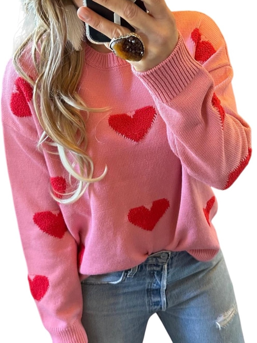 NWOT Pink Heart Pattern Crewneck Sweater XL‎ U23